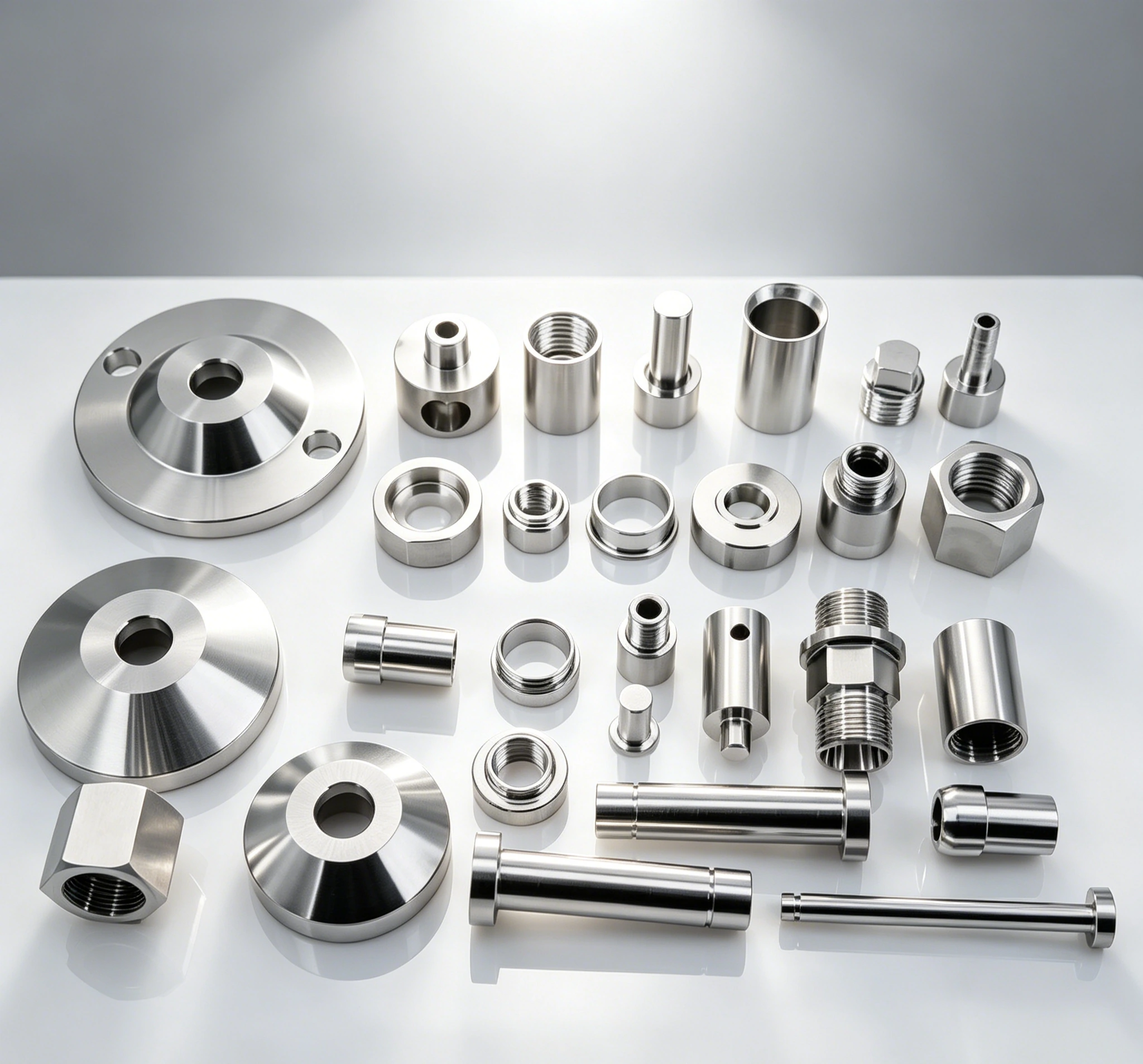 Precision turned metal parts including shafts, bushings, threaded fittings and flanges